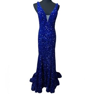 Sherri Hill Royal Blue Sequin on Velvet Prom Formal Dress